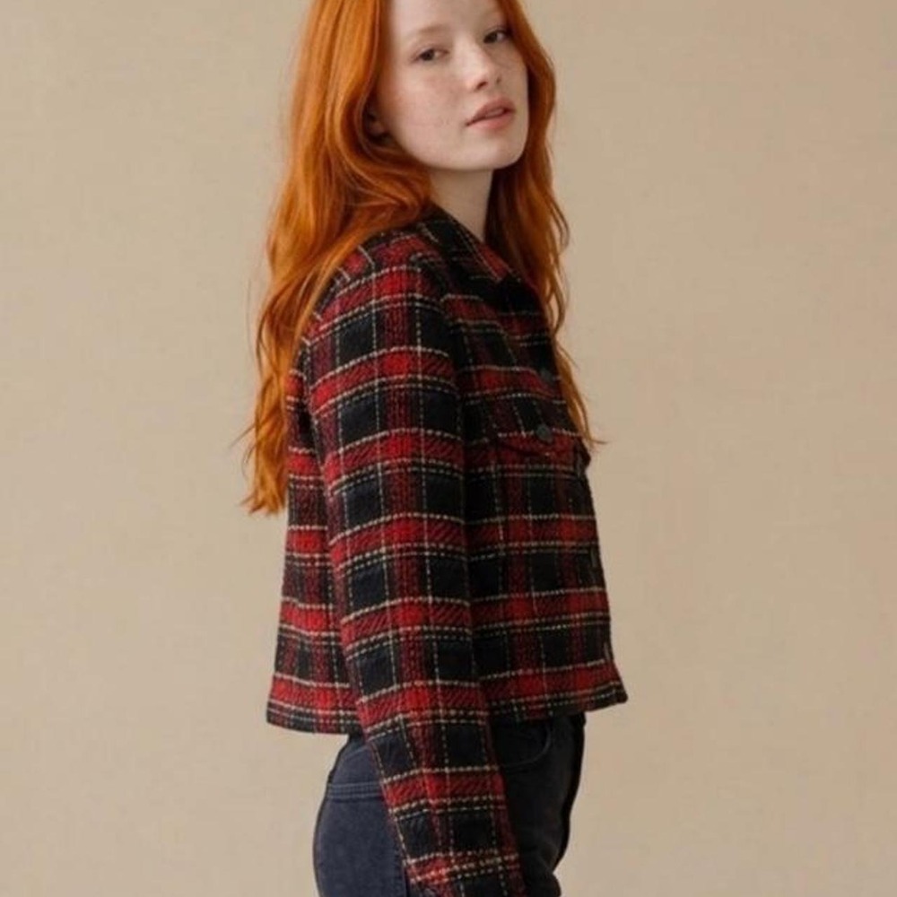 LOFT Red Plaid Tweed Cropped Shirt Jacket Button Front Women's M